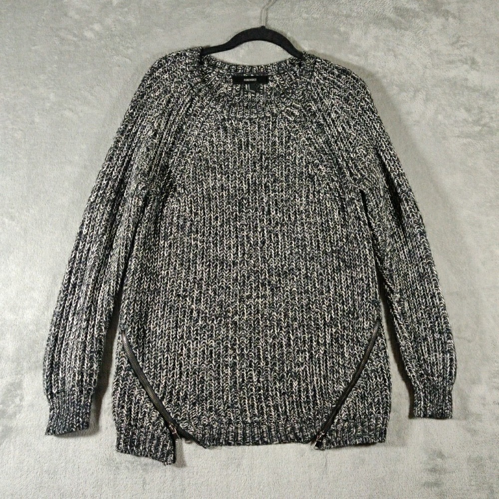 Forever 21 Sweater Womens Small Black White With‎ Zippers On Front Normcore Cozy